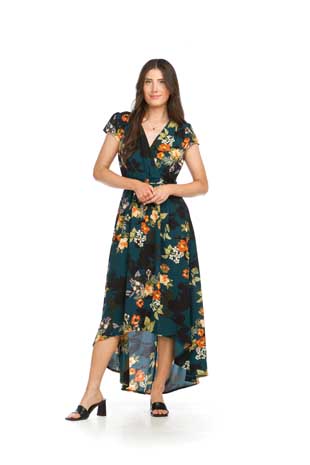 PD-16516 - CREPE FLORAL PRINT HIGH LOW MAXI DRESS WITH WRAP TOP AND TIE BELT - Colors: AS SHOWN - Available Sizes:XS-XXL - Catalog Page:39 